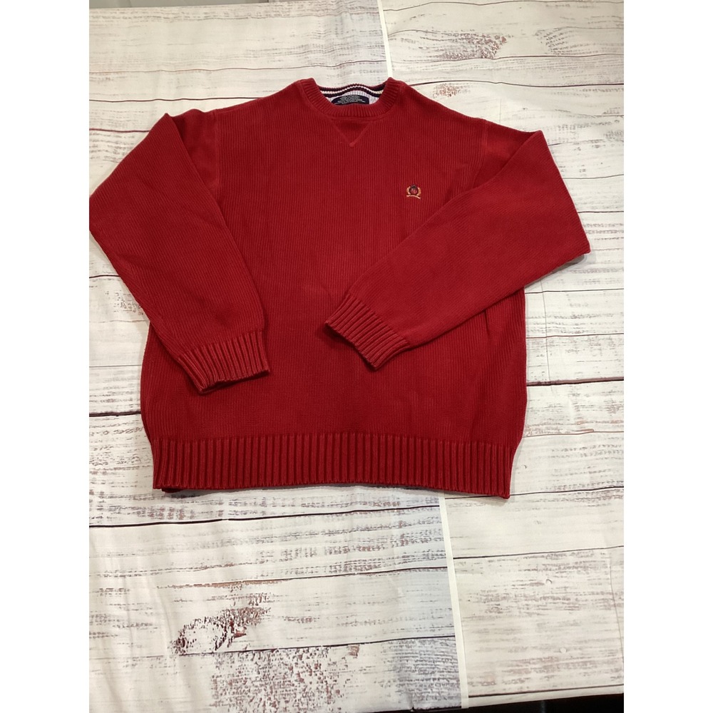 Vintage Tommy Hilfiger Mens Red Cotton Knit Crewneck Sweater Crest Logo Size L